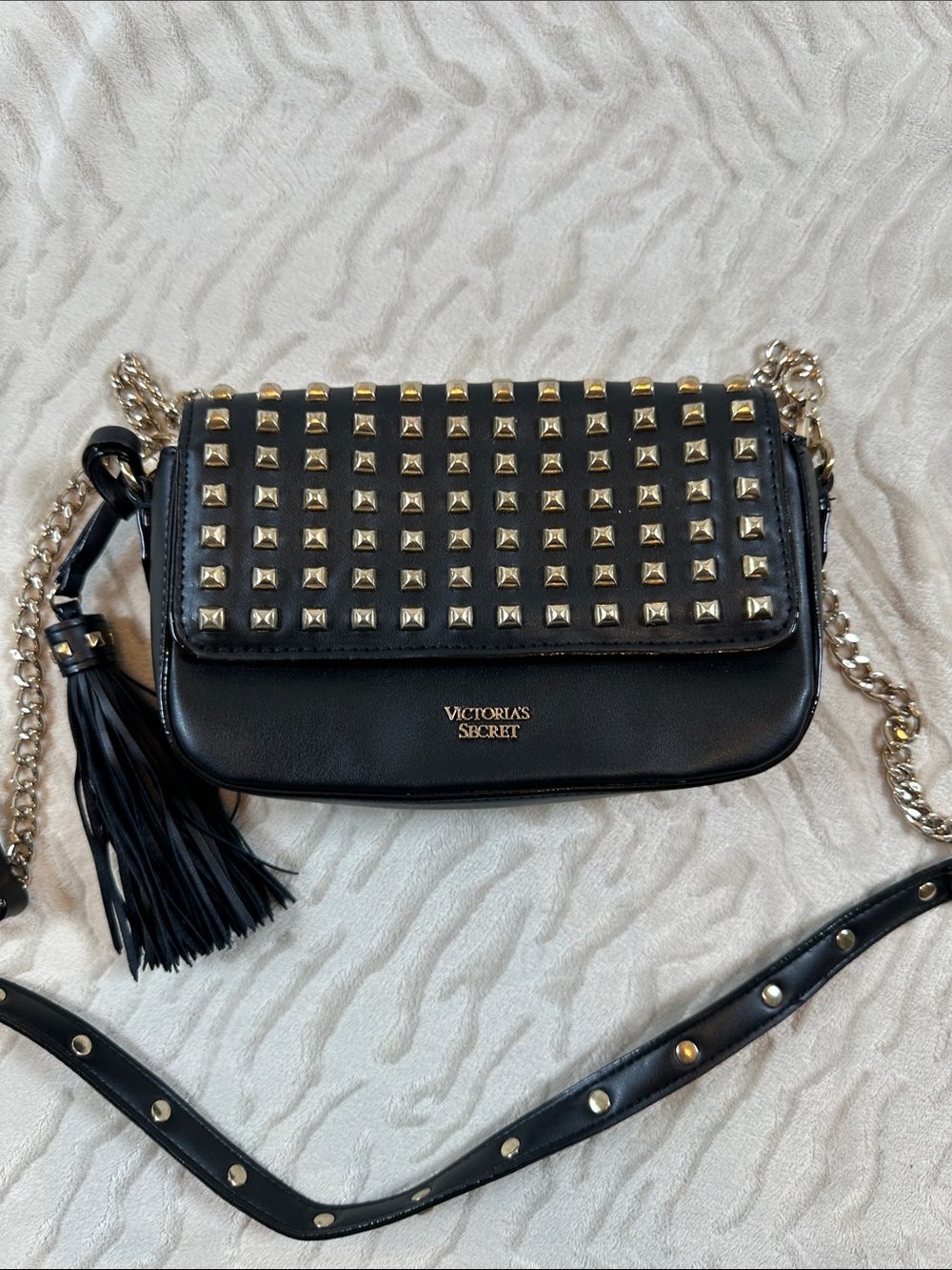 Victoria's Secret Black Small Crossbody with Gold Studs & Tassel